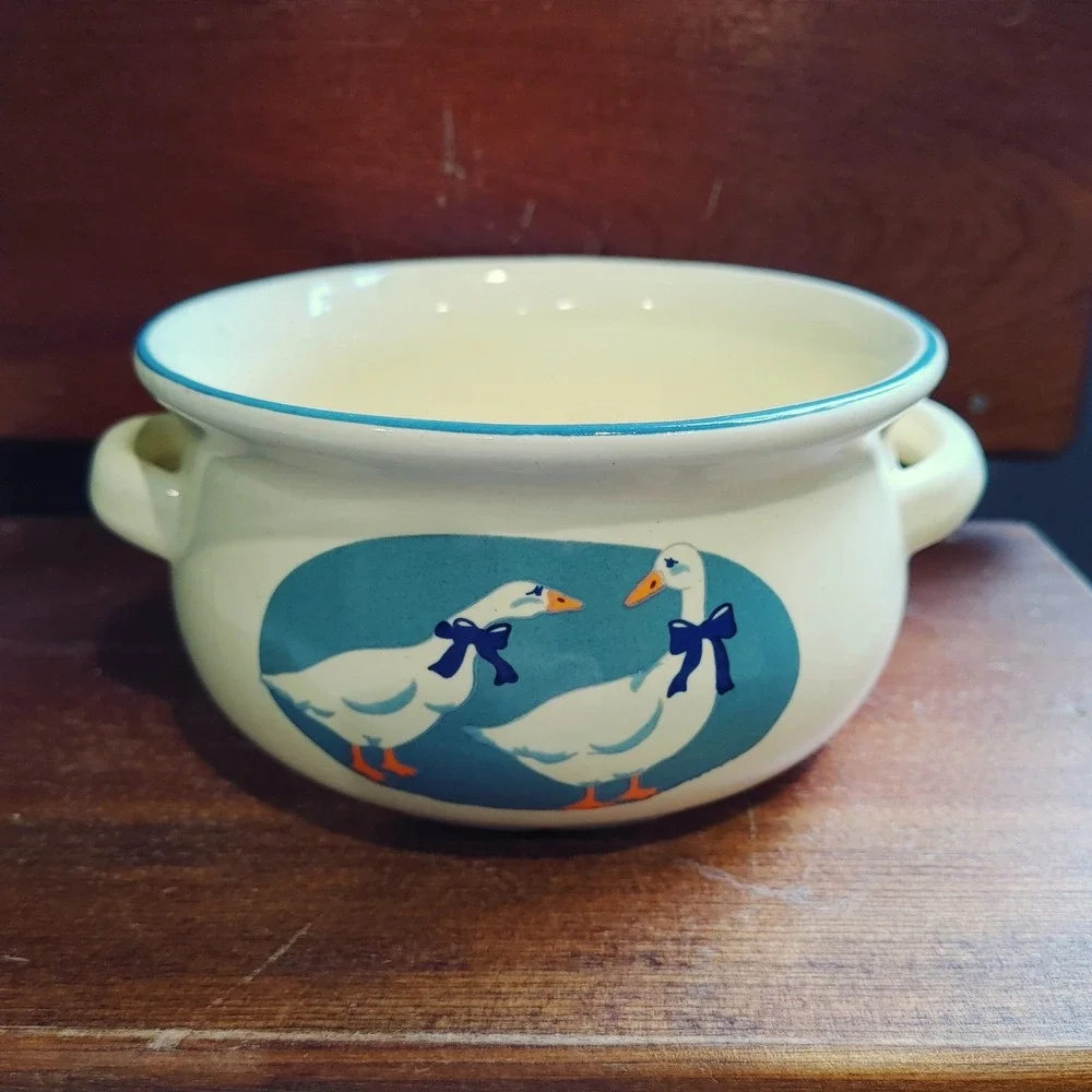 Vtg Otagiri 1985 Country Goose Ceramic Soup Bowl Trinket Crock Handles Cottage